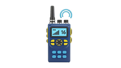 Blue walkie-talkie with screen displaying channel 16 and signal strength