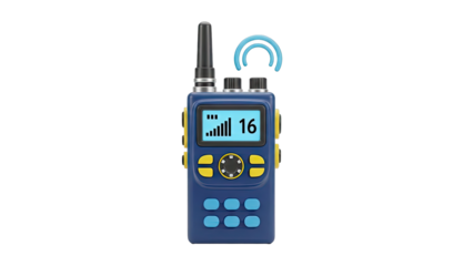 Blue walkie-talkie with screen displaying channel 16 and signal strength