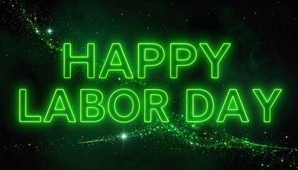 Illuminated green text reads "HAPPY LABOR DAY" against a dark backdrop with glittering particle effects and star bursts