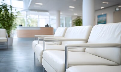 a contemporary cardiology clinic waiting area. Modern seating, clean architectural lines