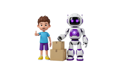 Boy and Robot with Delivery Boxes