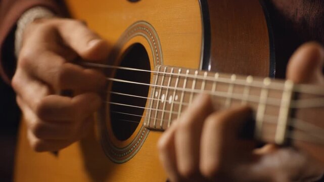 Close-up of hands playing a classical guitar, capturing the intricate fingerwork on the strings