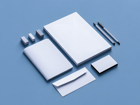 Minimal white stationery branding mockup with notebook cards and pen - Powered by Adobe