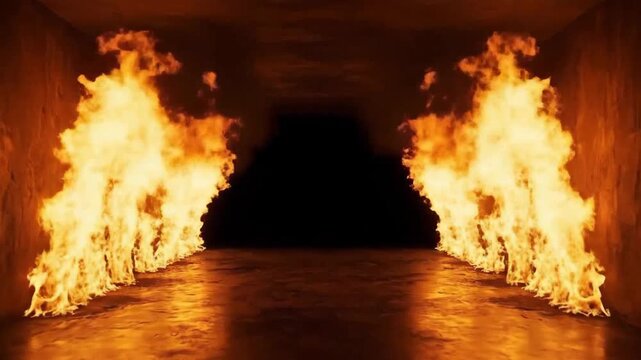 Fiery tunnel with flames lining the sides, leading to darkness.