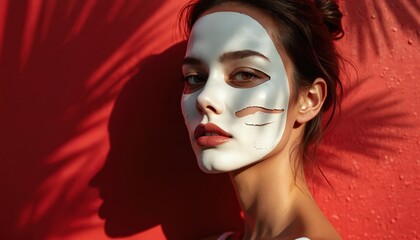 Fototapeta premium Young woman applies white facial mask against red wall. Palm leaf shadow adds contrast and natural beauty. Skincare routine for healthy, radiant skin in bright sunlight.