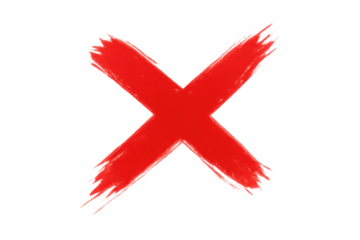Red x mark paint stroke representing rejection, error, deletion, cancellation, and wrong choice on a transparent background