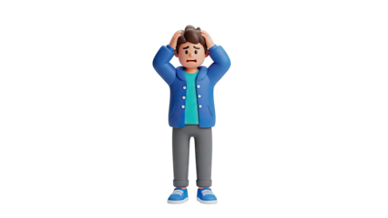 3D Animated Character with Hands on Head, Expressing Stress or Confusion