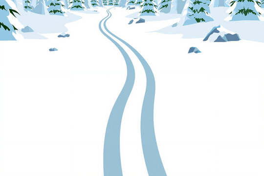 Stylized winter landscape with ski tracks through snow-covered forest