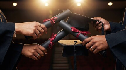 Hands raising rolled diplomas and graduation cap, Celebrating academic achievement at the commencement ceremony, Success and educational milestone
