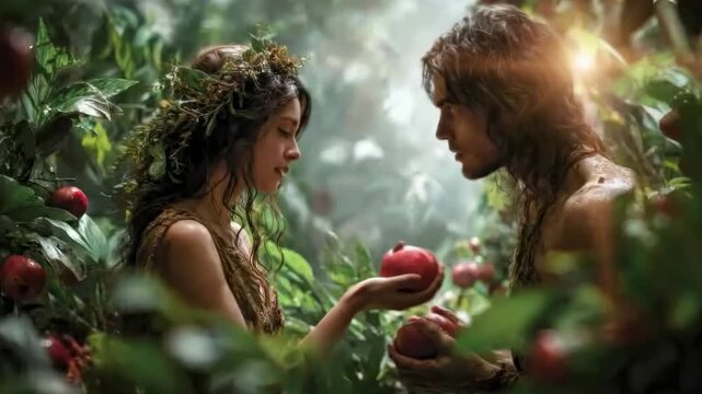 Snake in the Adam and Eve story offers forbidden fruit temptation, Book of Genesis. Bible legend of expulsion from Garden of Eden and original sin