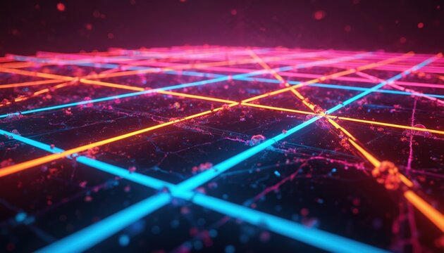 Glowing neon grid lines cross on dark surface. Abstract digital network pattern with colorful particles float around. Futuristic tech background, data science concept. - Powered by Adobe