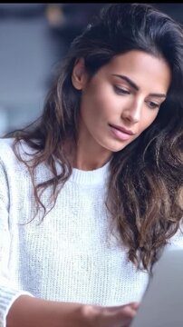 Attractive young business woman working on a laptop and preparing presentation for business conference in enterprise company