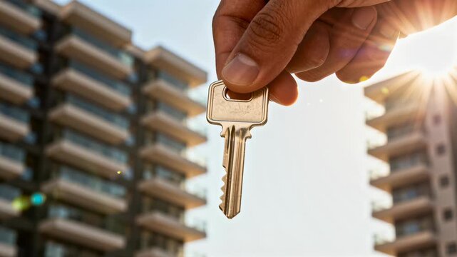 Hand holds a key in front of modern apartment buildings with warm sun flare. The scene evokes urban rental and property access, conveying homeownership, leasing and real estate concepts during golden 