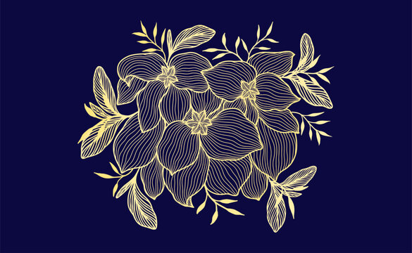 Golden flower line pattern, floral hand drawn luxury art. Luxury spring floral design. Luxury illustration for decoration, banner, background, package