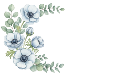 Hand painted watercolor corner element featuring anemones and eucalyptus in pastel blue isolated on white background