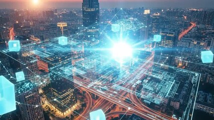 Futuristic city skyline with digital network overlay at dusk, representing technological advancement. - Powered by Adobe