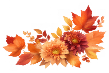 Autumn leaves and dahlia flowers border creating a fall harvest season watercolor illustration on transparent background