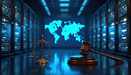 Justice scales and gavel rest before digital world map in server room. Global law and order, legal tech concepts. Data center and court system symbolism. International justice decision.