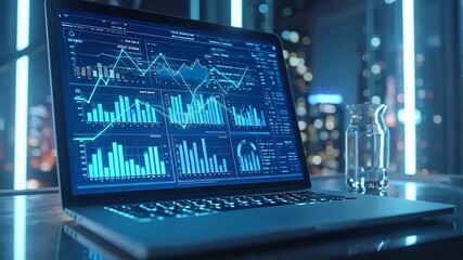 Laptop displaying financial data charts on a desk with a city view at night. - Powered by Adobe