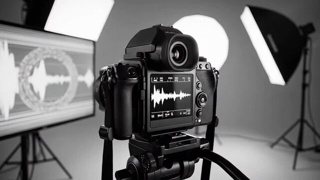 Black and white studio shot of a medium format camera on a tripod.