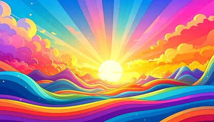 A vibrant sunrise with a glowing sun, radiating rainbow rays over layered, colorful hills and fluffy clouds