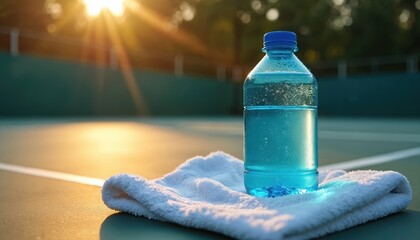 Water bottle and towel rest on tennis court during sunset. Athlete hydration after intense match. Cool drink revives during workout. Warm sun shines.