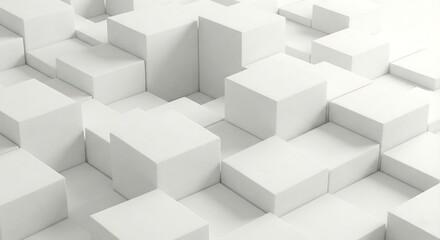 Abstract background of white geometric cubes at different heights, minimalist 3D plaster pattern.