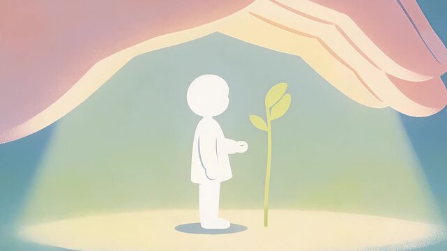 A large hand provides protection and care for a small vulnerable plant and a child symbolizing growth and nurturing in a gentle light.