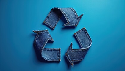 Recycle symbol made from blue denim fabric. Arrows show upcycle waste concept for eco fashion and sustainability. Circular economy idea with reused clothing material.