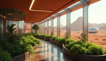 Futuristic domed habitat interior on Mars with rich green plants, expansive glass walls viewing red desert landscape. Interior garden provides oxygen, food for colonists. Sustainable future living