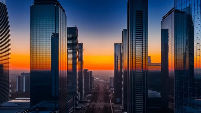 Timelapse of futuristic glass skyscrapers reflecting sunset gradient from orange to deep blue, smooth hyperlapse moving through empty avenue, no people visible. Urban cinematic concept