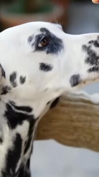 Young Dalmatian pup eats dog food. Girl pets her dog.