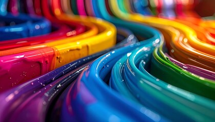 Close-up of glossy, colorful fluid ribbons, gracefully curving and blending, showcasing vibrant hues and textures, with a depth of field effect