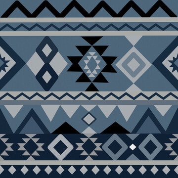 Geometric Tribal Seamless Pattern in Blue and Gray