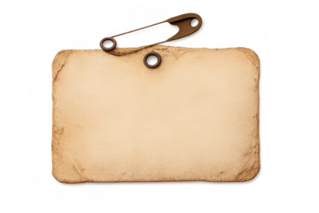 Blank vintage paper tag with a safety pin, showing aged texture, ready for messages, prices, or labels, isolated on transparent background