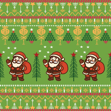 Christmas Ugly Sweater Pattern with Santa Claus and Holiday Ornaments