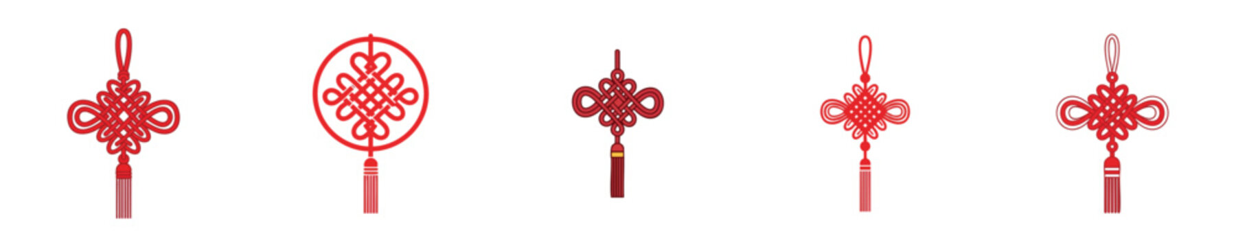 Chinese Knot Lunar Festival Traditional Red Lucky Symbol Flat Vector Icon Set