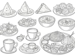 Hand Drawn Indian Food Illustration Collection in Line Art Style