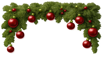 Christmas garland decoration with red and green baubles creating a festive holiday border element, transparent background
