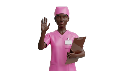 3D Nurse Raising Hand Holding Clipboard