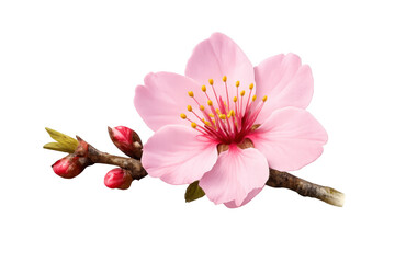 Cherry blossom branch blooming, pink sakura flower with buds opening, announcing spring on transparent background