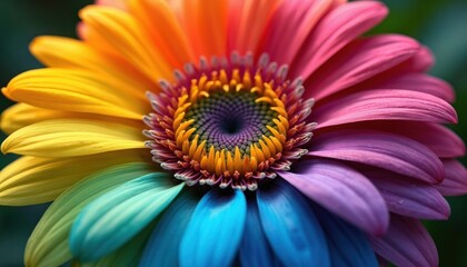 Obraz premium Close-up of gerbera daisy with petals in rainbow colors. Center of flower has spiral pattern. Vivid colors create abstract background. Nature flora bloom details.