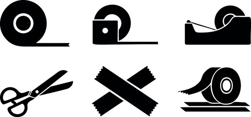 Adhesive tape icons set with scissors and tape dispenser vector illustration in black and white style