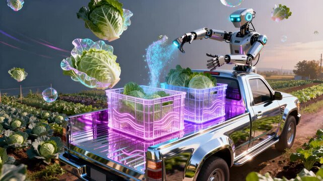 Robot harvests cabbages from rows of leafy vegetables in a rural field. It places heads into illuminated crates on a chrome pickup bed. Floating cabbages and bubbles create a futuristic agricultural a