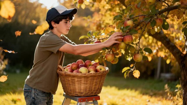 Boy picking apples in a sunlit orchard during autumn harvest with wicker basket on a ladder, warm golden light and autumn foliage surround him, blurred background includes open space available for tex