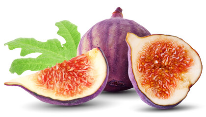Fresh figs and green leaf isolated on white. Sweet fruit