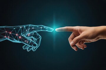 Digital wireframe hand touching human hand with glowing light connection