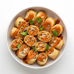Illustration of delicious spring rolls in a bowl with sauce and herbs on top isolated on white background