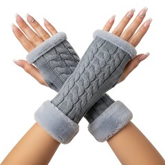 Illustration of woman wearing gray fuzzy fingerless gloves on both hands isolated on white background