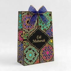Illustration of colorful eid mubarak gift bag with intricate designs isolated on white background